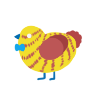 Clucky the Clown, a yellow and red chicken with a bar pattern