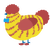 Clucky the Clown, a yellow and red chicken with a bar pattern