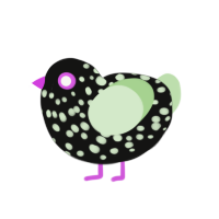 spook, a black and gluppy chicken with a speckle pattern