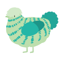 rotund fun, a gluppy and turquoise chicken with a bar pattern