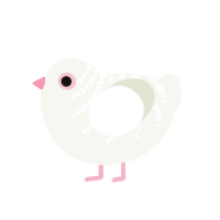 mellow, a white chicken with a half-bar pattern