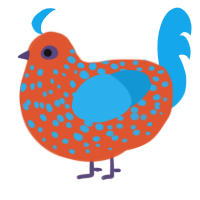 Vita, a vermilion and sky chicken with a bar pattern