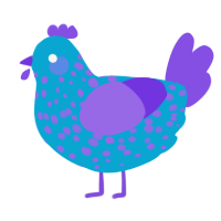 Visi, a cerulean and blurple chicken with a speckle pattern