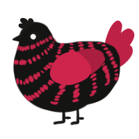 Reginald, a black and crimson chicken with a bar pattern