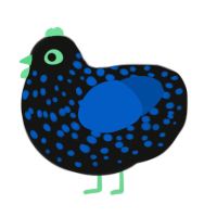 Depths, a black and ultramarine chicken with a speckle pattern