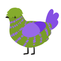 Friend, a chartreuse and blurple chicken with a bar pattern