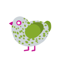 Little Bitty Bomb, a mist and chartreuse chicken with a speckle pattern