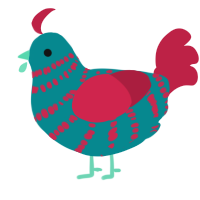 Berry, a teal and crimson chicken with a bar pattern