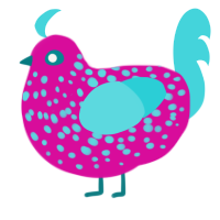 Pink and blue dummy, a fuchsia and aqua chicken with a speckle pattern