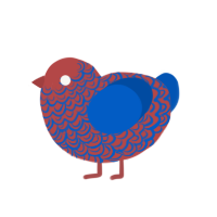 Kip, a red and ultramarine chicken with a double-lace pattern