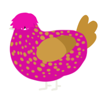 Pitaya, a fuchsia and gold chicken with a speckle pattern