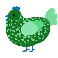 Guacamole, a leaf and spring chicken with a speckle pattern