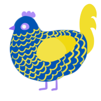 glitter glue, a ultramarine and yellow chicken with a lace pattern