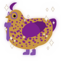 Goldie, a gold and violet chicken with a speckle pattern