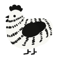cow, a white and black chicken with a bar pattern