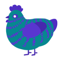 Rex, a teal and indigo chicken with a bar pattern