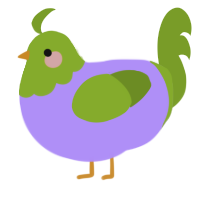 Eggplant, a lilac and chartreuse chicken with a head pattern