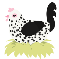 A white and sable chicken with a speckle pattern