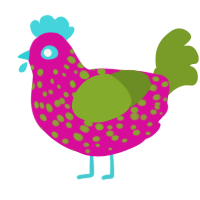 Dragonfruit, a fuchsia and chartreuse chicken with a speckle pattern