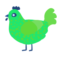 Delphi, a fuchsia and violet chicken with a speckle pattern