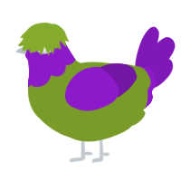 Incredible Hulk, a chartreuse and violet chicken with a head pattern