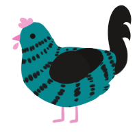 Peepy, a teal and sable chicken with a bar pattern