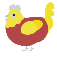 pommes, a red and yellow chicken with a head pattern