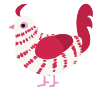 Strawberry, a white and crimson chicken with a bar pattern