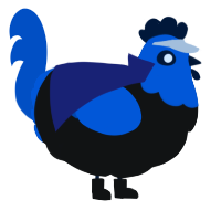 Hal, a black and ultramarine chicken with a head pattern