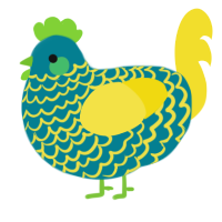 Sprite, a sea and yellow chicken with a lace pattern
