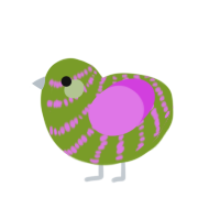 Tot, a chartreuse and orchid chicken with a bar pattern