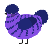 Blurp, a blurple and navy chicken with a bar pattern