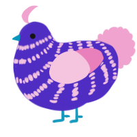 Nigel, a indigo and pink chicken with a bar pattern