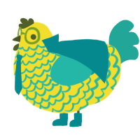 dr calypso, a yellow and turquoise chicken with a lace pattern