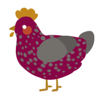 slime, a maroon and grey chicken with a speckle pattern