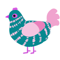 Tink, a teal and pink chicken with a bar pattern