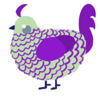 paint bucket, a gluppy and violet chicken with a lace pattern