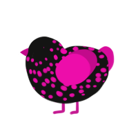 Frequency Modulator, a black and fuchsia chicken with a speckle pattern