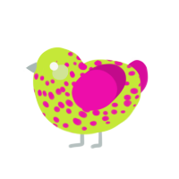 Chick Pea, a lime and fuchsia chicken with a speckle pattern