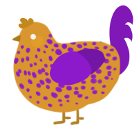 Vivacity, a orange and violet chicken with a speckle pattern