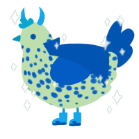 Melon, a gluppy and ultramarine chicken with a speckle pattern