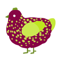 A maroon and lime chicken with a speckle pattern