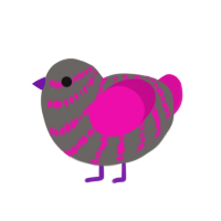 Happy hatchday, a grey and fuchsia chicken with a bar pattern