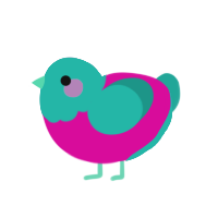 Kumatora, a fuchsia and turquoise chicken with a head pattern