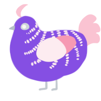 Shelly, a blurple and rose chicken with a half-bar pattern