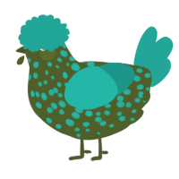 A olive and turquoise chicken with a speckle pattern