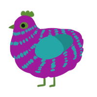 A fuchsia and turquoise chicken with a bar pattern