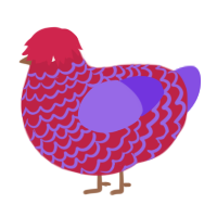 Cheshire Cat, a crimson and blurple chicken with a lace pattern