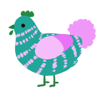 Leap, a turquoise and lavender chicken with a bar pattern
