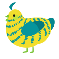 Lele, a yellow and teal chicken with a bar pattern
